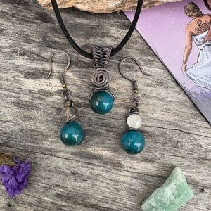 Jewelry Set Blue Apatite Moonstone Oxidized Wire Wrapped Necklace & Earrings